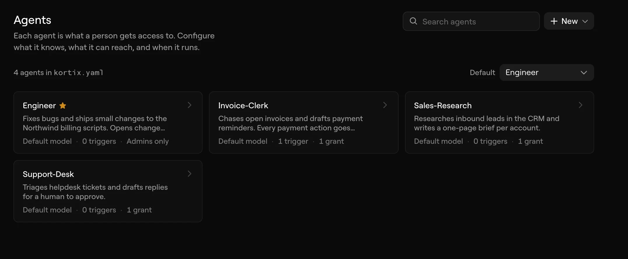 Kortix's Agents screen lists four agents in kortix.yaml, among them Support-Desk, which triages helpdesk tickets and drafts replies for a human to approve